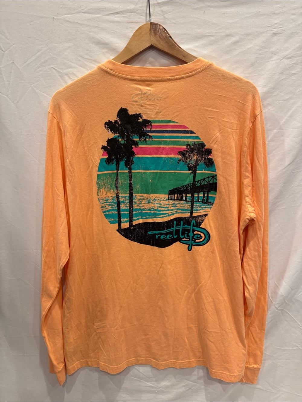Reel Life Long-Sleeve Pocket Tee in Peach, Size LG 100% Cotton